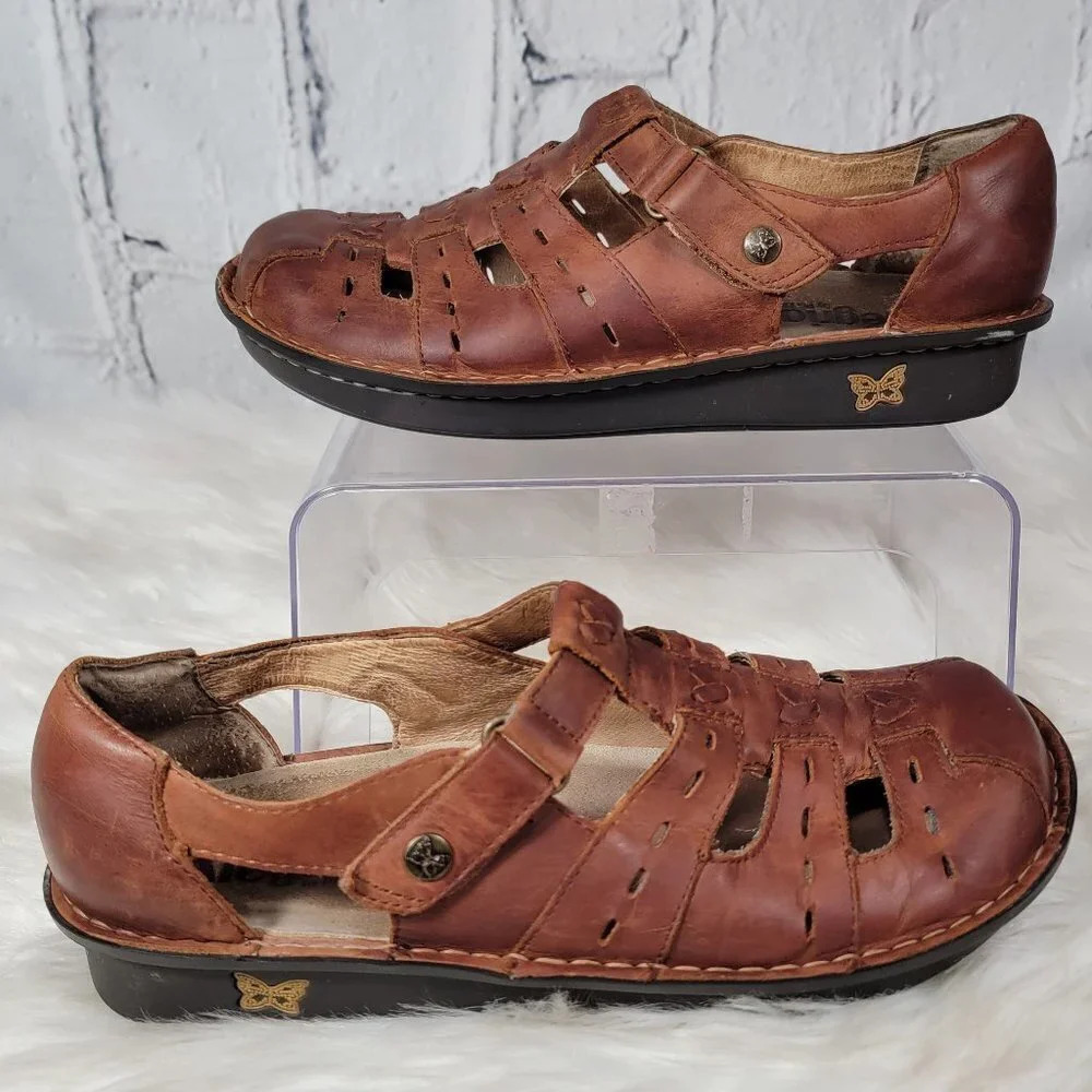 Alegria Pesca Cognac Womens Comfort Sandal Fisherman Leather Minimalist Casual